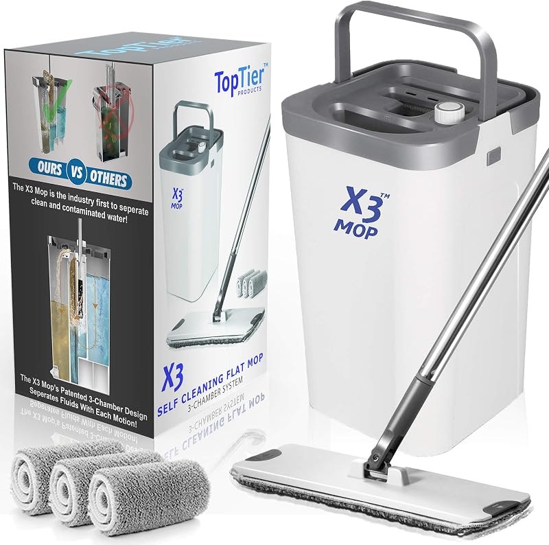 X3 Mop, Separates Dirty and Clean Water, 3-Chamber Design, Flat Mop and Bucket Set, Hands Free Home Floor Cleaning, 3