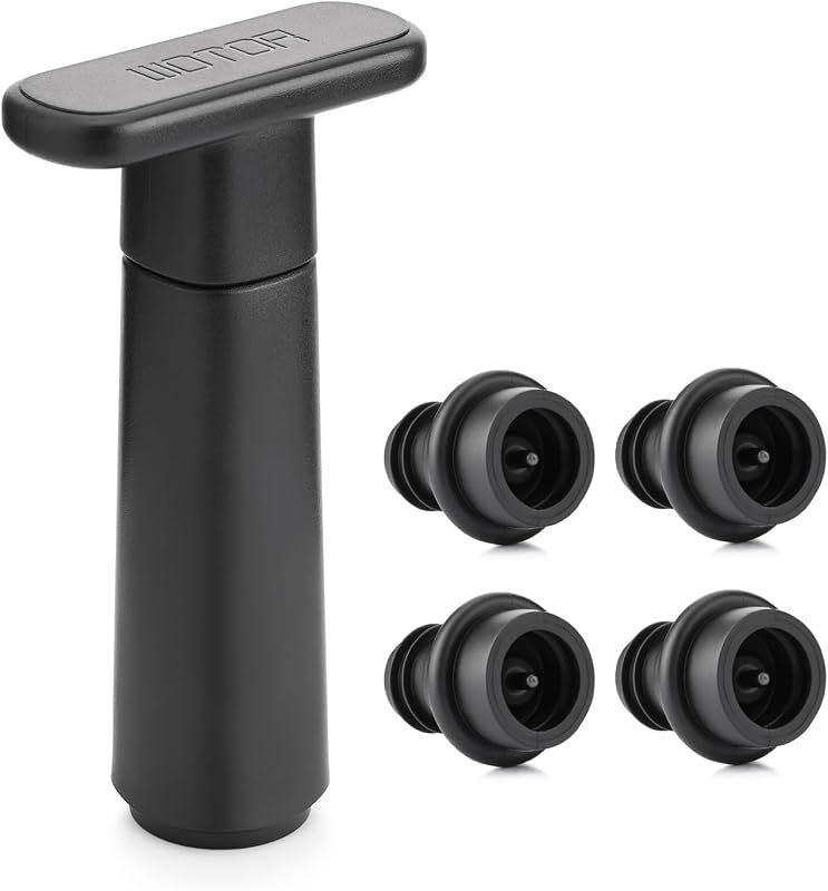 WOTOR Wine Saver Vacuum Pump with 4 Stoppers, Wine Preserver, Black — vacuum wine stopper heavy duty for vacuum wine