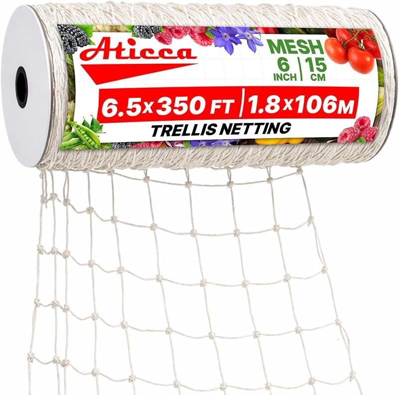 ATICCA 6.5x350 FT Heavy Duty Trellis Netting, 6-Inch Mesh, White Polyester — tomato trellis for heavy duty tomato cage
