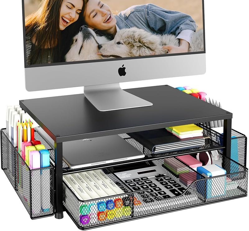 OPNICE Desk Organizer and Accessories, 2-Tier Computer Monitor Stand Riser with Drawer and 2 Pen Holders, Laptop