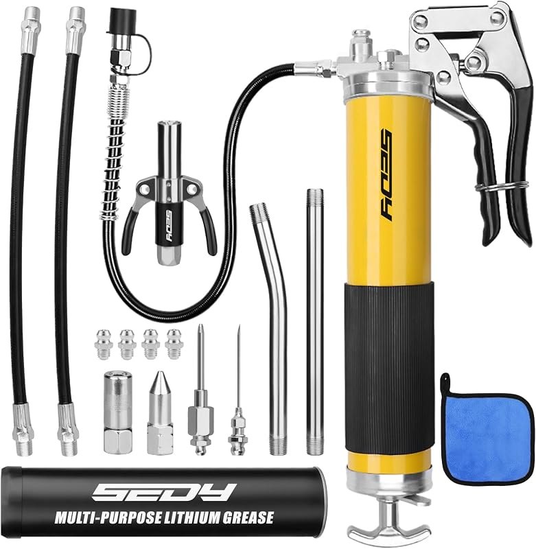 17-Piece Heavy Duty Grease Gun Kit: 14oz Grease Tube Flexible Hose Bearing Grease Pump 8000 PSI Pistol Grip Grease