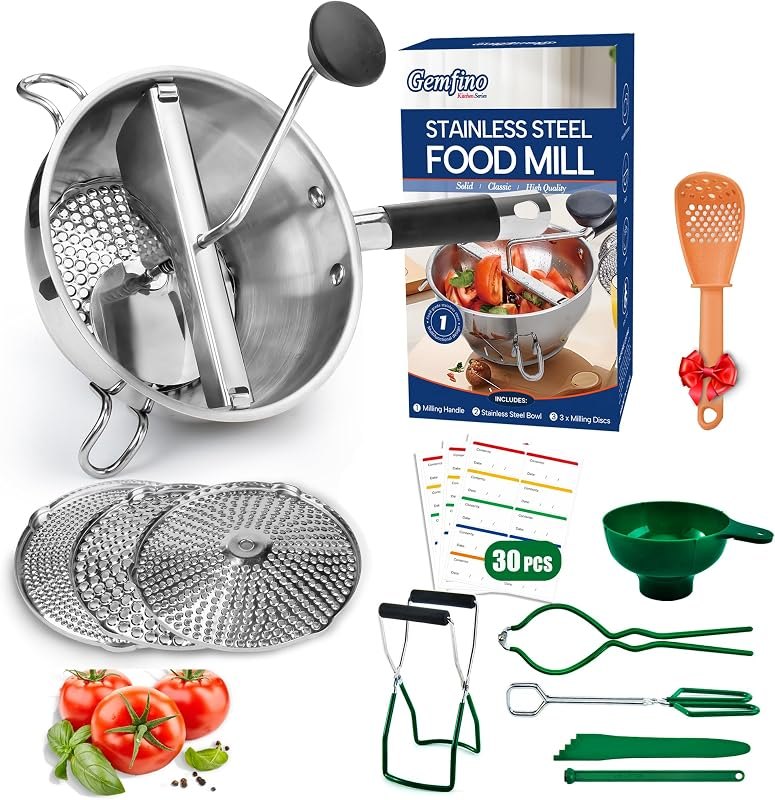 Food Mill Stainless Steel With 3 Grinding Discs and Complete Canning Supplies Starter Kit of 8-Includes Tongs, Jar