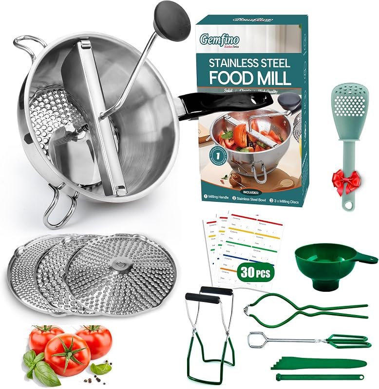 Food Mill Stainless Steel With 3 Grinding Discs and Complete Canning Supplies Starter Kit of 8-Includes Tongs, Jar