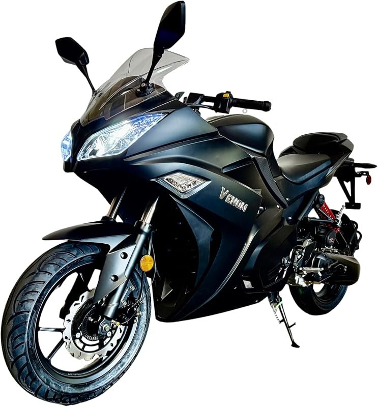 200CC AUTOMATIC MOTORCYCLE, VENOM X19 Full Size Matte Black Auto LED with NO GEARS, Front Tire: 120/70-14 Rear Tire