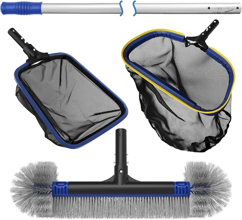 Poolvio 5-in-1 Pool Cleaning Kit - Includes Semi-Deep Skimmer Net, Aluminum Leaf Rake, 20' Pool Brush with 13ft
