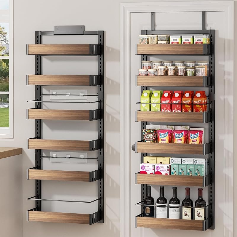 POKIPO 6 Tier Over The Door Pantry Organizer, 2-in-1 Door Hanging or Wall Mounted Spice Rack, Large Heavy Duty Pantry