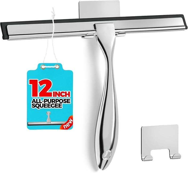 ALFLOD 12" Shower Squeegee for Glass Doors, Tile Walls, Car Windows, Silver — shower squeegee pack for shower squeegee