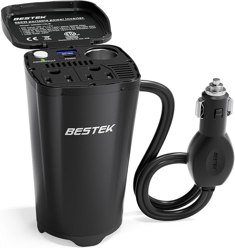 BESTEK 200W Power Inverter 12V DC to 110V AC Car Plug Adapter Converter — inverter for best car organizer travel compact