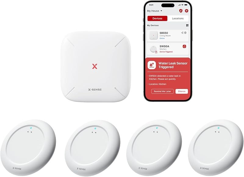 X-Sense Ultra-Slim Wi-Fi Water Leak Detector, 4 Sensors + Base, SWS0A41 — best water leak detector for water leak