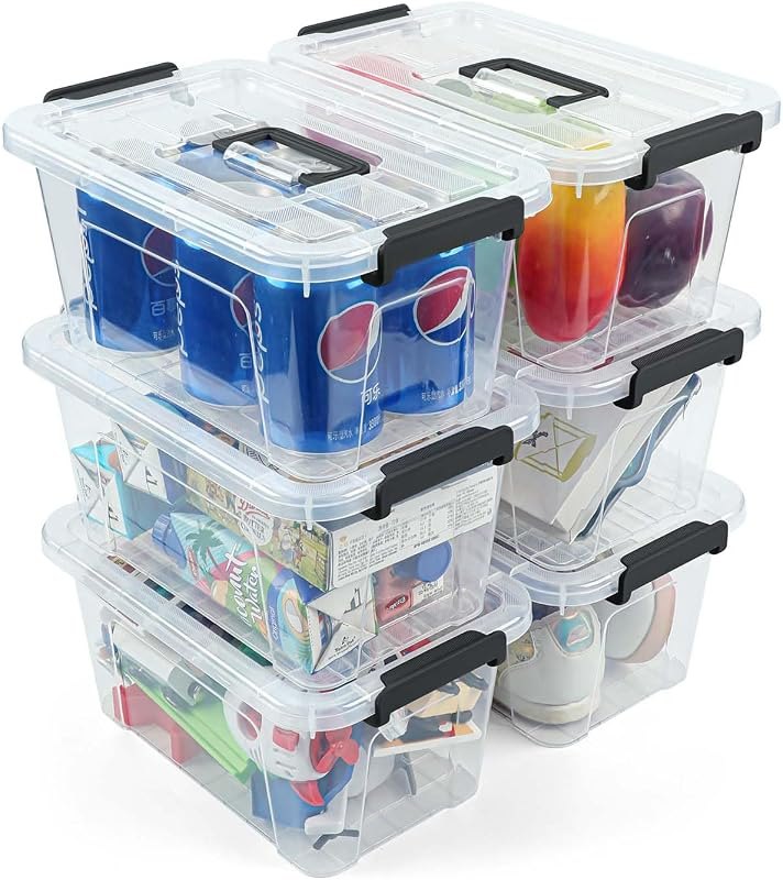 NUMIFUN 7Qt Clear Plastic Storage Bins with Lids,Transparent Design,6 Pack — latching tote for clear storage bins with