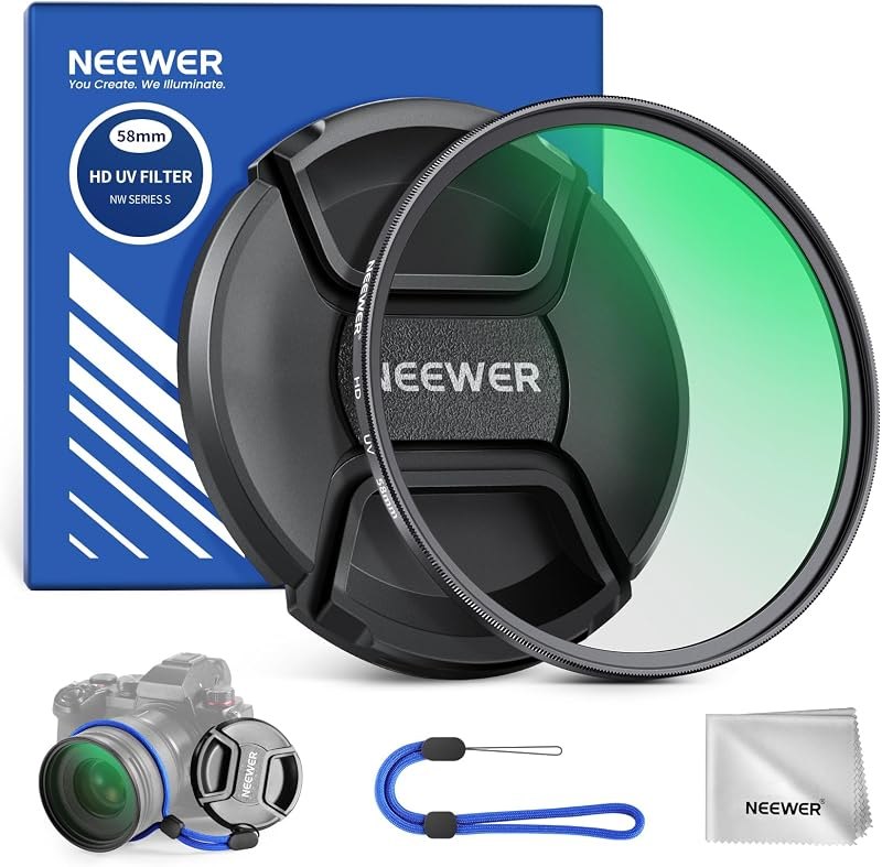 NEEWER 58mm MC UV Protection Filter with Lens Cap, Multi Resistant Nano Coatings/HD Optical Glass/Water