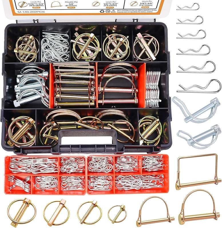 Mankk 202PCS Heavy Duty Hitch Pin Clip Assortment Kit - Tractor, Linch, PTO, R Clip, Hair Pins for Farm Tractors