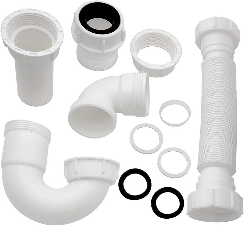 White 1 1/4" and 1-1/2" P-Trap Plumbing Kit with Threaded Adapter, J-Bend for Restroom Sink Kitchen Sink Drain Pipe