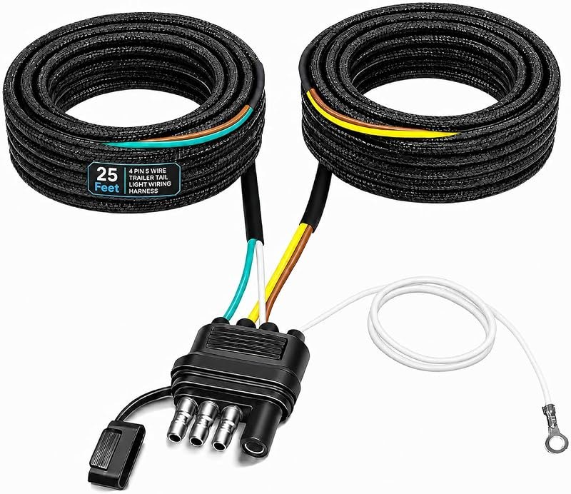 25FT 4 Pin 5 Wire Trailer Wiring Harness with Nylon Net Tube Guard. — trailer-wiring-kit-no-leak for trailer wiring