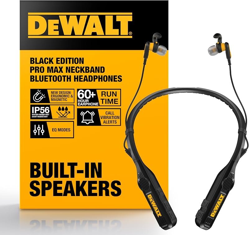 DEWALT Heavy Duty Black Edition 2-in-1 Neckband Bluetooth Headphones — Earbuds, headphones, and speakers wo for