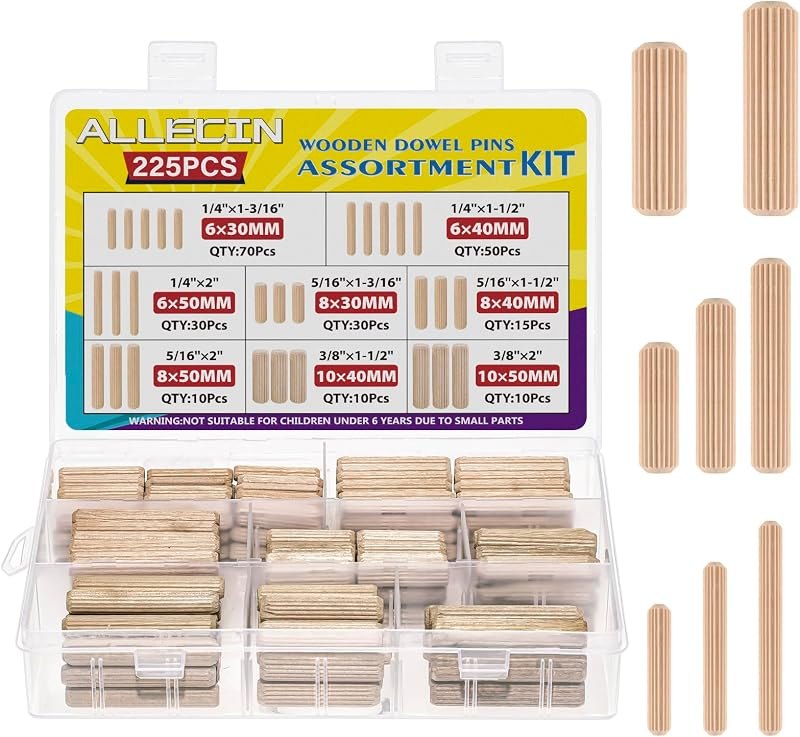8 Values Wood Dowels Kit 1/4 3/8 5/16 Inch Fluted Wooden Dowel Pins Pegs Assortment for Furniture Woodworking DIY