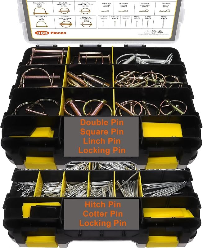 380 Pcs Heavy Duty Pin Kit, Hitch, R, Hair, Lynch, PTO Pins for Trucks, Trailers, Tractors, Mowers, Accessories, Farm