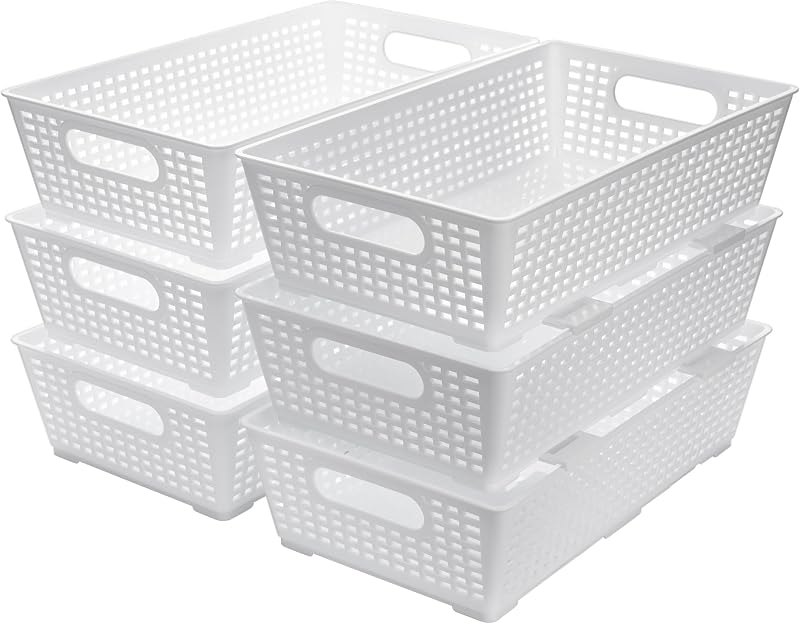 Tiawudi Stackable Woven Plastic Basket, Storage Bins for Cabinet, Closet, Shelf, Under Sink and Countertop, Pantry