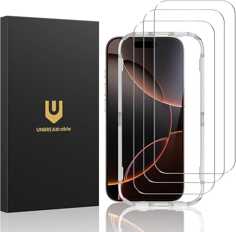 UNBREAKcable 3-Pack Screen Protector for iPhone 16 Pro Tempered Glass | Shatterproof, Easy Install, 9H Hardness, 99.99% HD Clear, Bubble-...