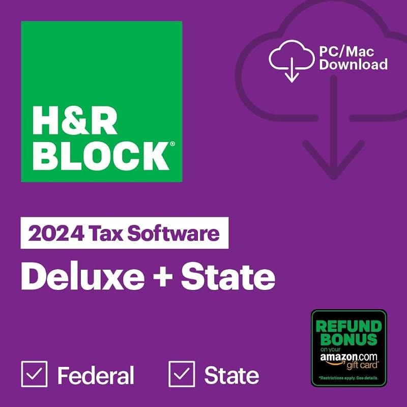 (Old Version) H&R Block Tax Software Deluxe + State 2024 with Refund Bonus Offer (Amazon Exclusive) Win/Mac [PC/Mac