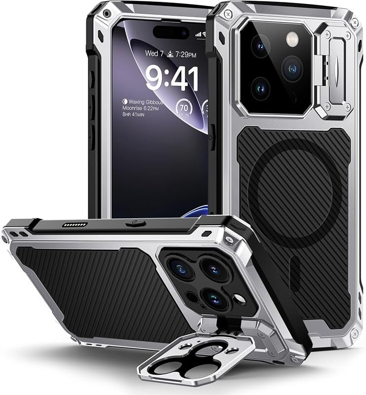 Lanhiem for iPhone 16 Pro Metal Case with Camera Cover & Stand [Compatible with MagSafe] [Built-in Kickstand]