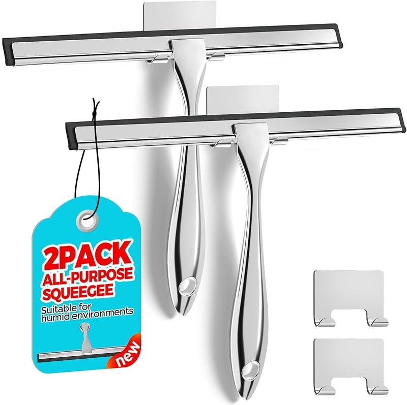 ALFLOD 2pcs Shower Squeegee for Glass Doors with Adhesive Hanging Hook Set