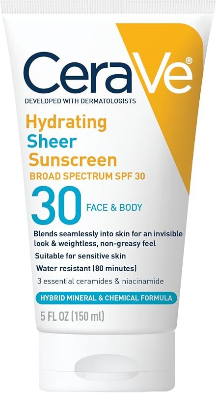 CeraVe Hydrating Sheer Sunscreen SPF 30 with Hyaluronic Acid, 5oz — mineral sunscreen face amazon for mineral
