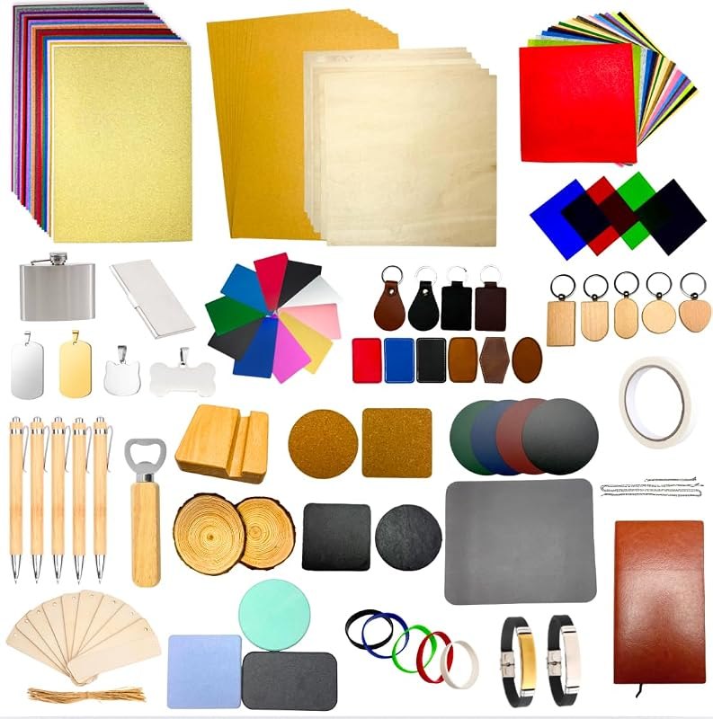 Mroy mio 135 PCS Laser Engraving Material Kit, 27 Kinds Laser Engraver Blanks for Laser Crafting, Includes Wood