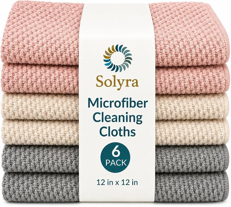 Solyra Non-Toxic Microfiber Kitchen Cleaning Cloths, 6 Pack, 12 x 12 in — microfiber cleaning cloth no leak for