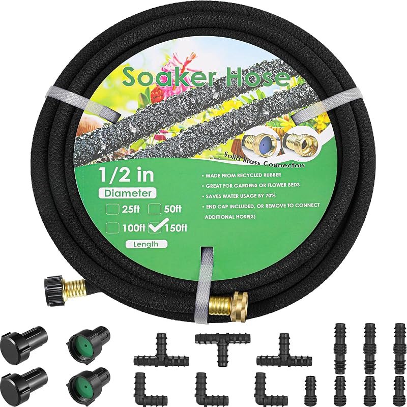 MAMIZO Soaker Hose Kit 150 Ft 1/2" Brass Connectors Heavy Duty Water Saving