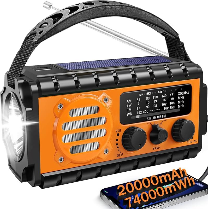 QAUYYW Solar Hand Crank Emergency Radio, 20000mAh AM FM NOAA Weather Radio — emergency crank radio heavy duty for