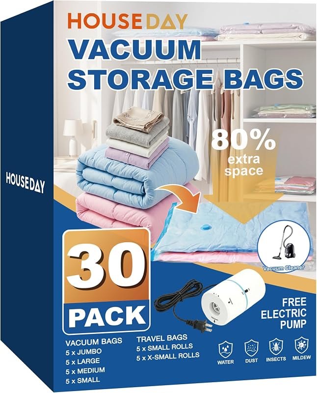 HOUSE DAY 30 Pack Vacuum Storage Bags with Electric Pump, 4 Sizes + 2 Roll-Up (5 Each), Space Saver Vacuum Seal Bags