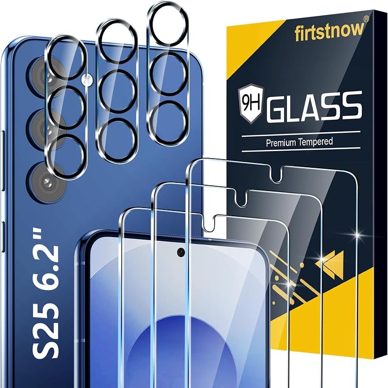 firtstnow 3 Pack for Samsung Galaxy S25 Screen Protector Tempered Glass + 3 Pack Camera Lens Protector, Military Grade
