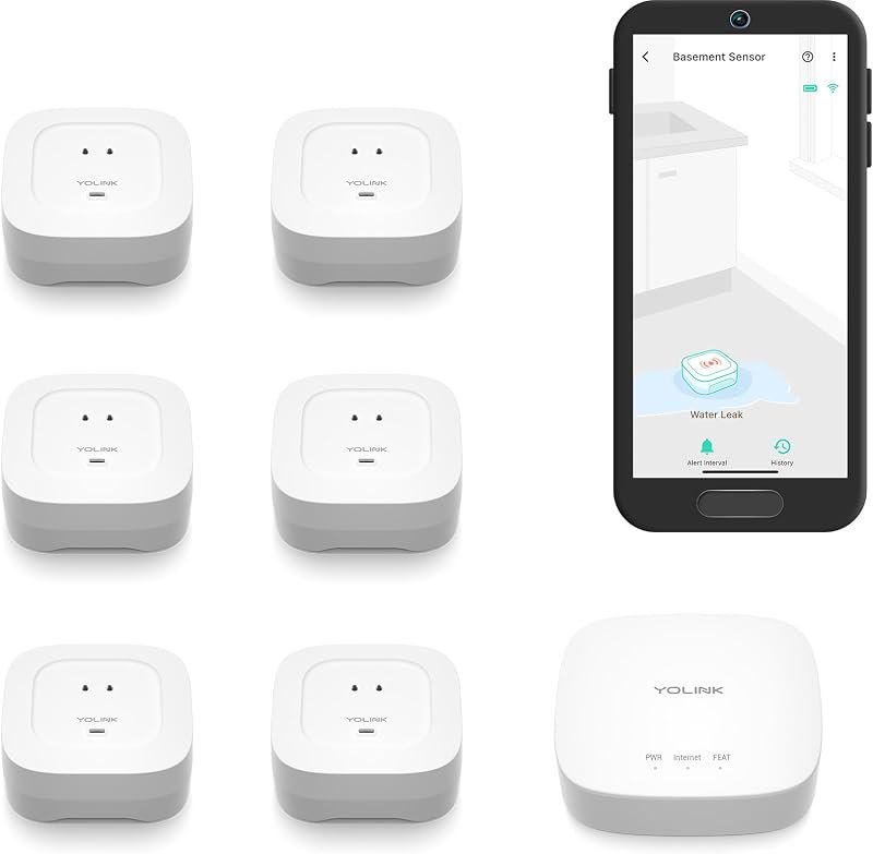 YoLink Water Leak Starter Kit: Hub + 6 Leak Sensor 4 (105 dB Siren), LoRa Long-Range, App/SMS/Email Alerts, D2D