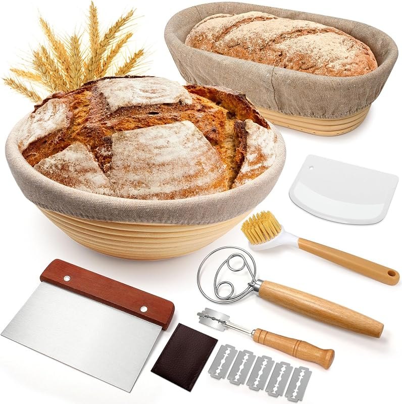 Sourdough Proofing Basket Gift Set, 9" Round and 10" Oval Banneton Bread Baking Supplies, Sourdough Baskets with Bread