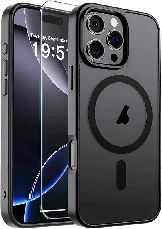 SUPFINE Magnetic for iPhone 16 Pro Case Black | With Screen Protector, Translucent Matte, Compatible with MagSafe, Military Grade Drop Pr...