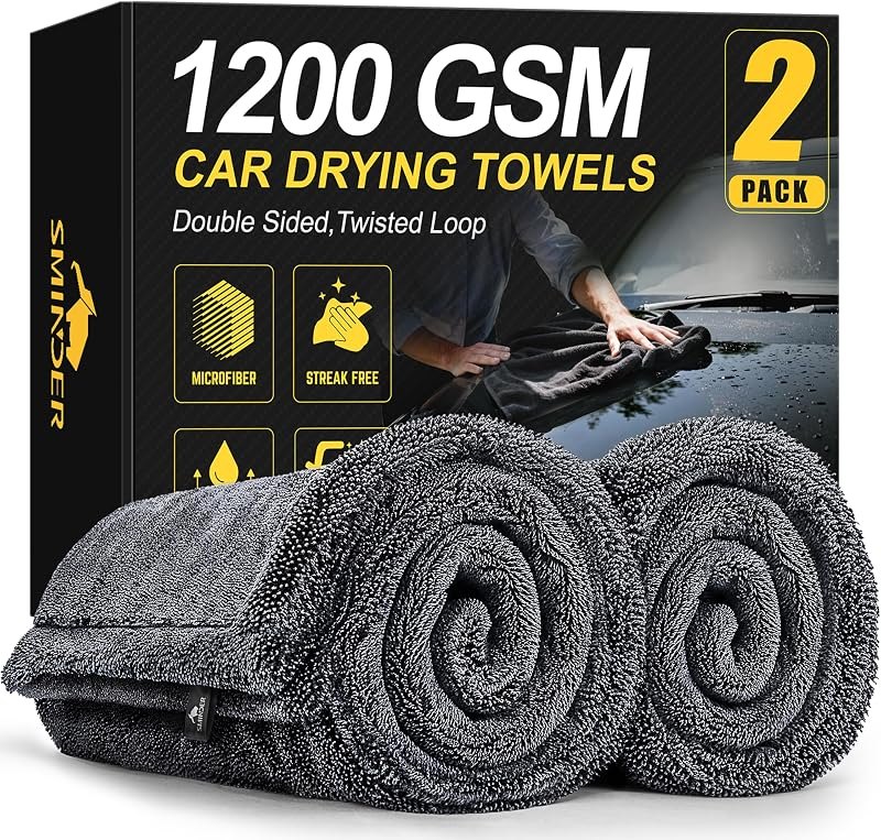 SMINDER 2-Pack 1200 GSM Car Drying Towels — car microfiber towels for microfiber cleaning cloth durable heavy duty