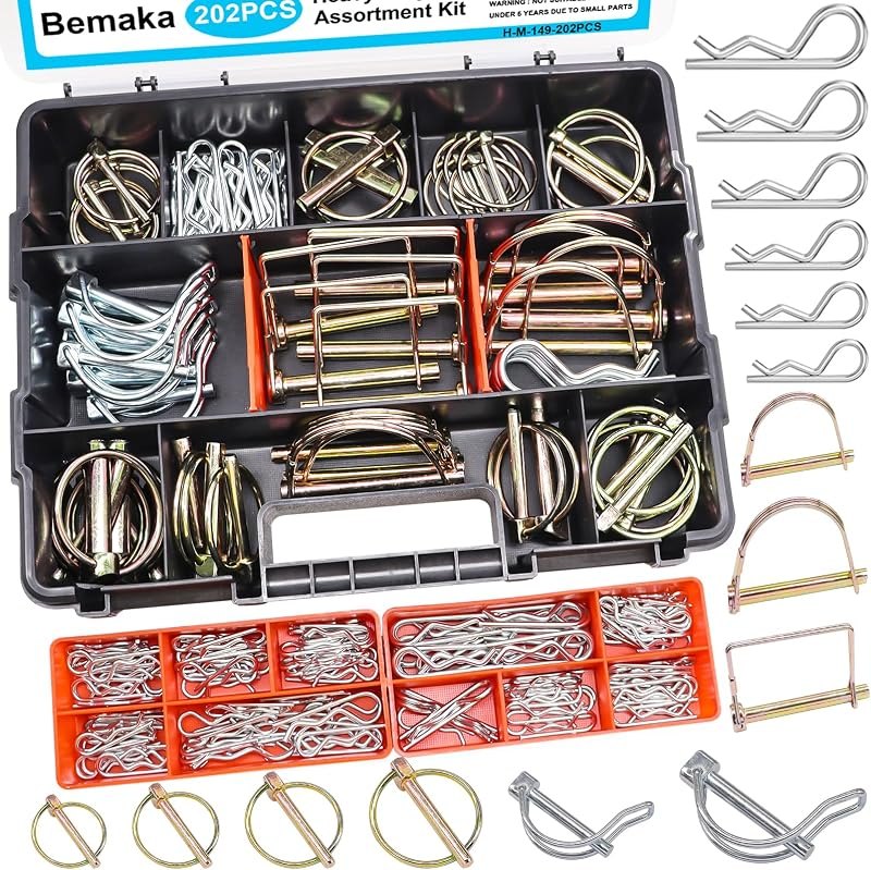 202Pcs Hitch Pins Clip Pins Assortment Kit, Heavy Duty Hitch Pins R Clip, Linch Pins, PTO Pins Trailer Truck Towing