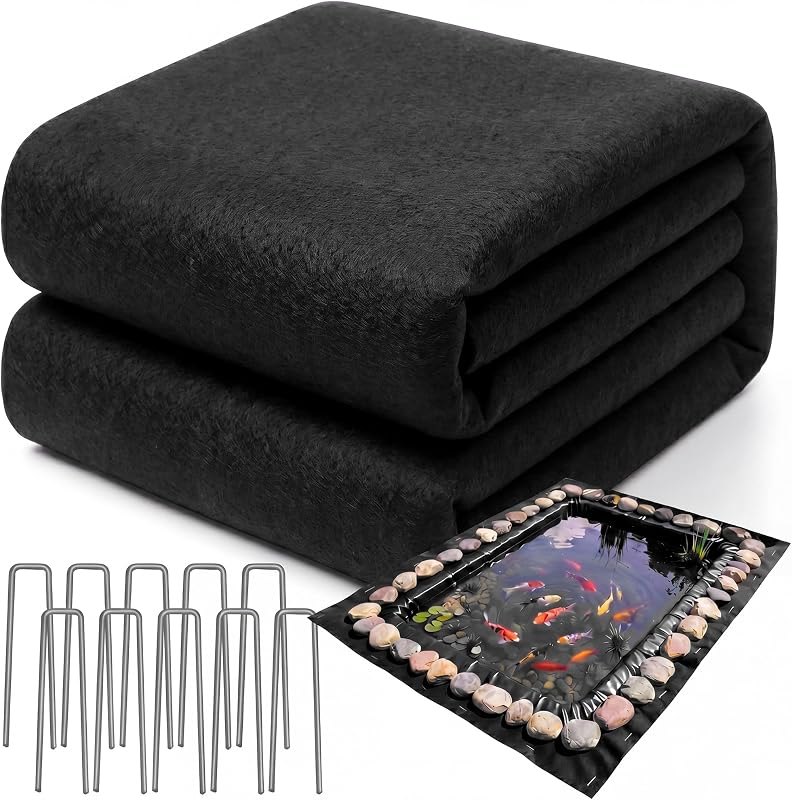 Fanfanwin 10 x 15 ft Pond Liner Underlayment with 10 U-pins, 6oz, Black — underlayment-pond for EPDM pond liner