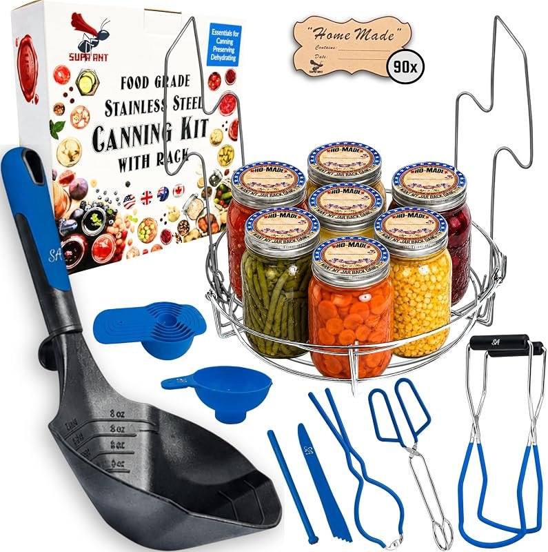 Supa Ant Blue Canning Supplies Starter Kit-10 pc Canner Accessories with Canning Rack for Jars, XL Ladle, Wide Mouth