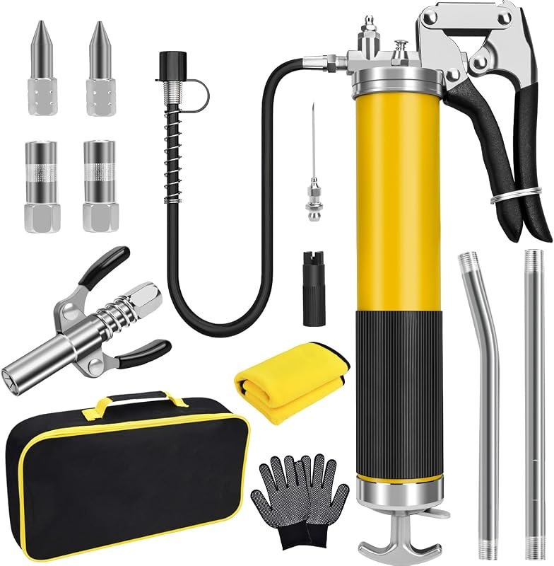 Grease Gun Kit, 7000 PSI Heavy Duty Pistol Grip Grease Gun with 14 oz Capacity, Includes 18 Inch Resin Flex Hose