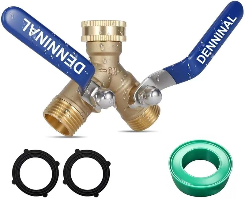 Brass Garden Hose Splitter 2 Way Heavy Duty, Safe Water Hose Splitter with 304 Stainless Steel Long Handle, Outdoor