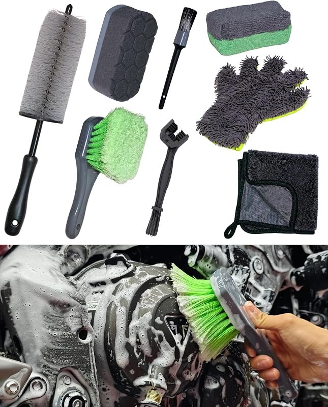 oesee 8 Pack Motorcycle Cleaning Kit - Professional Safe for Chrome/Engine/Tires, Hard Reach Brush, Microfiber Mitt