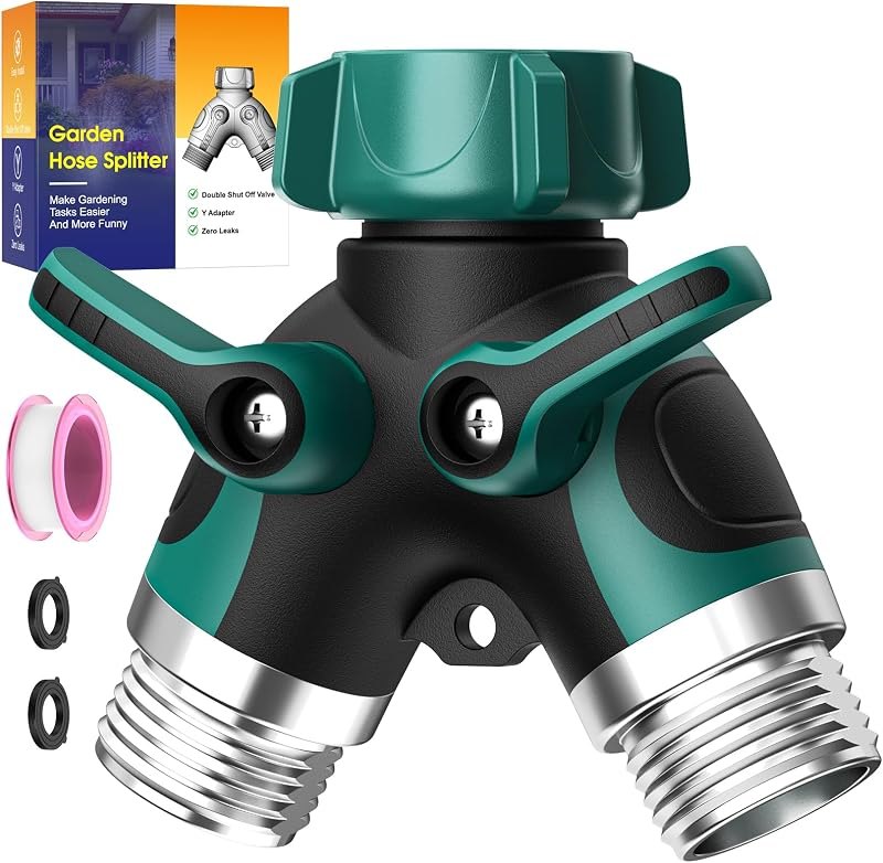 2 Way Garden Hose Splitter with Shut Off Valve,Water Spigot Splitter for 3/4" Hose Connector,Heavy Duty Metal Outdoor
