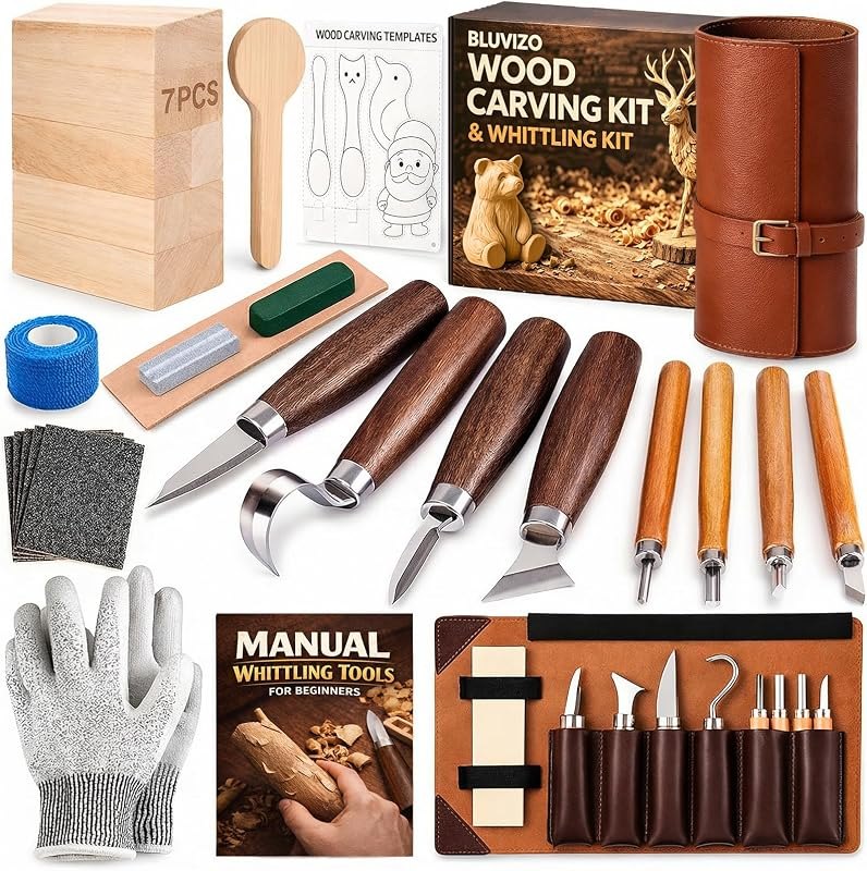 Wood Carving Kit Whittling Kit: Wood Carving Knife Tools with Leather Case — Woodworking for woodworking kit