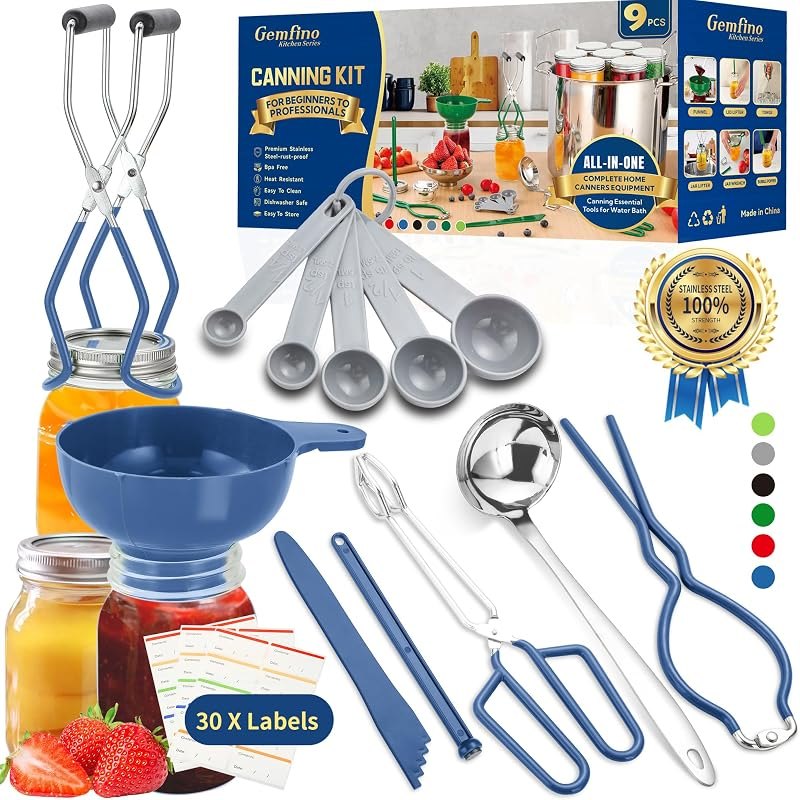 Canning Supplies Starter Kit,Canning Kit for Beginners of 9 with Jar Lifter，Wide Mouth Funnel,Wrench,Tongs,Lid