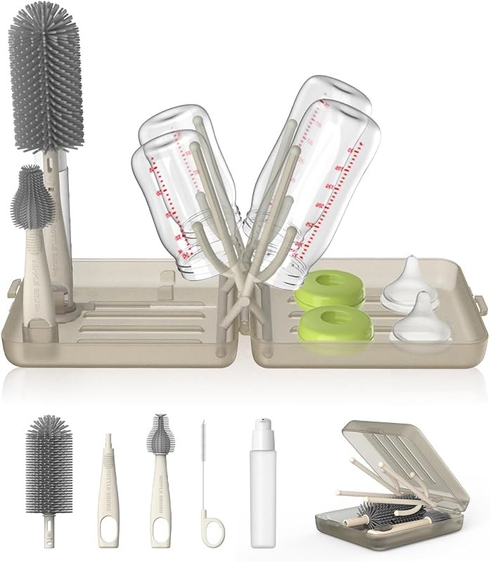 YOTIME Travel Bottle Brush Set, Foldable Drying Rack, Dispenser — Monitors, bottles, and kid gear with for monitors