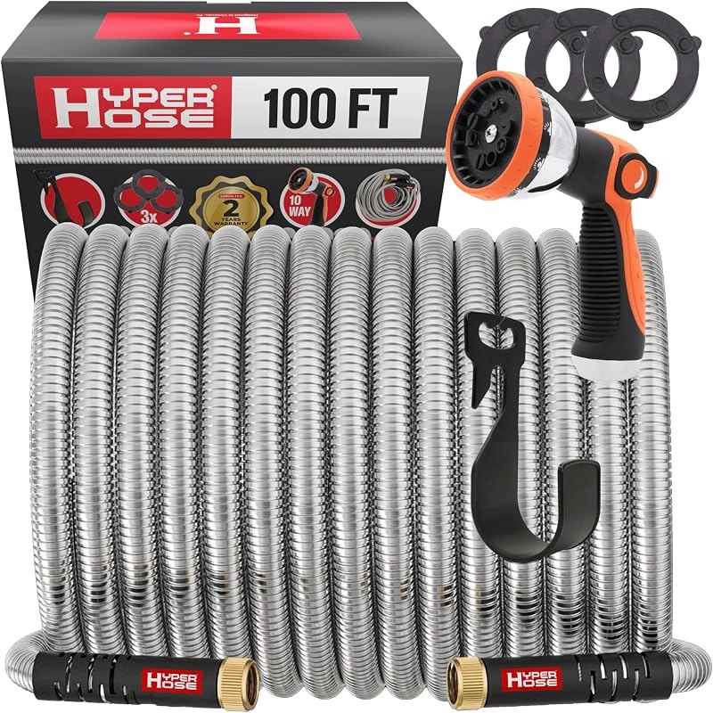 Best 100 ft Metal Garden Hose Set - No-Kink Durable 316 Stainless Steel, 10-Way Zync Spray Nozzle & Hook — metal hose