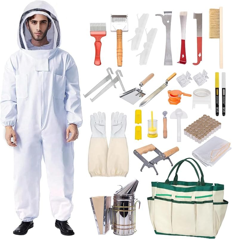 Honey Lake 31Pcs Beekeeping Supplies Starter Kit with Bee Suit — Hive tools and suits that zip. kit for hive tools