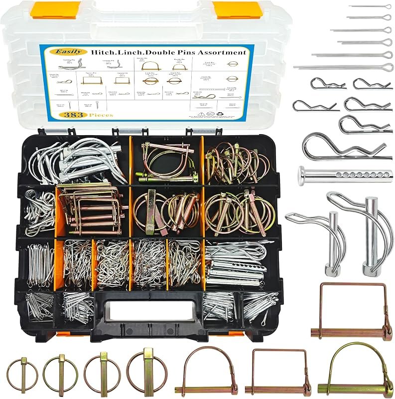 383 PCS Heavy Duty Pin Assortment Kit, Hitch Pins R Clip PIns/Hair Pins/Lynch Pins /PTO Pins/Clevis Pins/Cotter Pins
